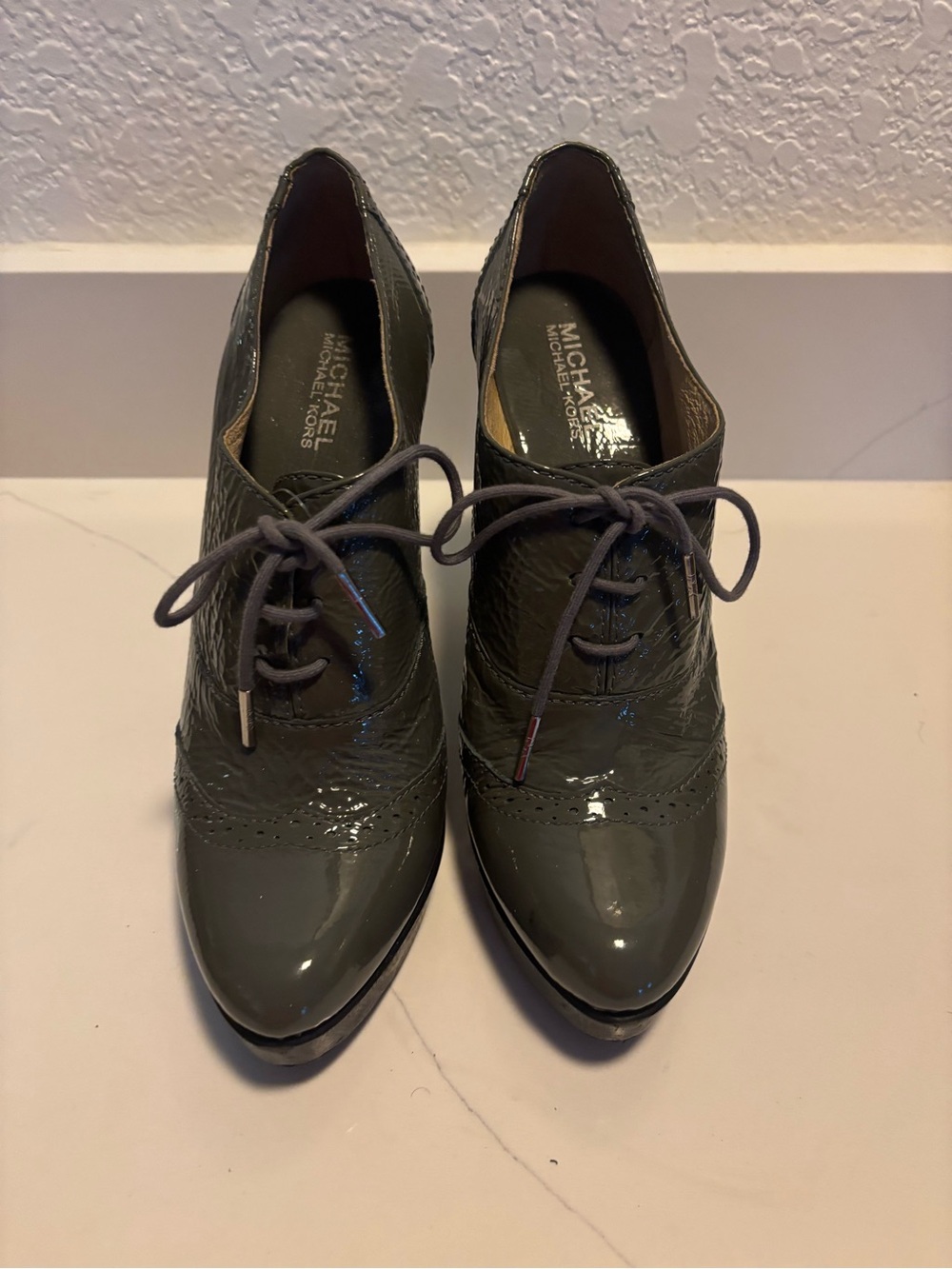 Michael Kors Olive Gray Patent Lace-Up Boots